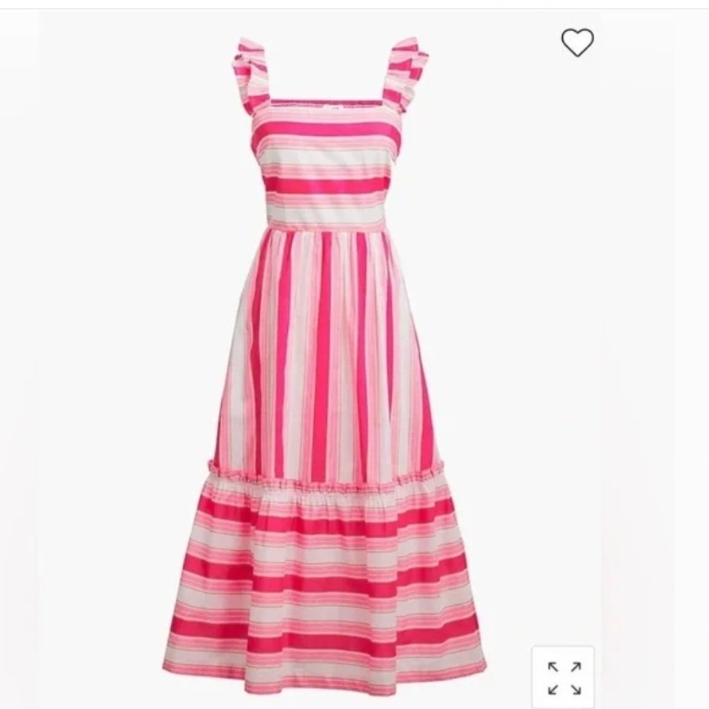 J.Crew Pink Striped Ruffle Midi Dress Smocked Back Pocket 4 Summer Poplin resort